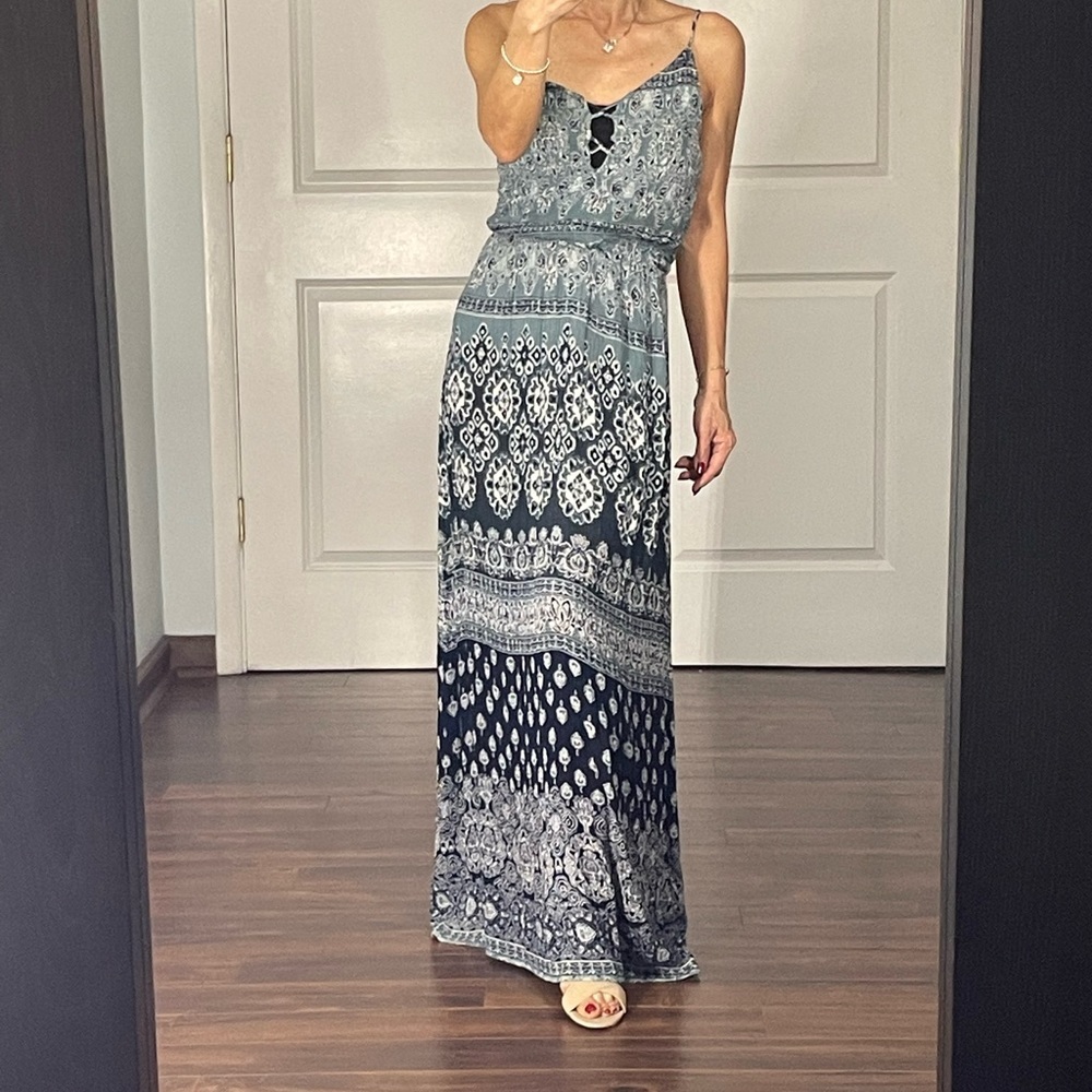 Aqua Blue Paisley Print Smocked Strap Maxi Dress size S